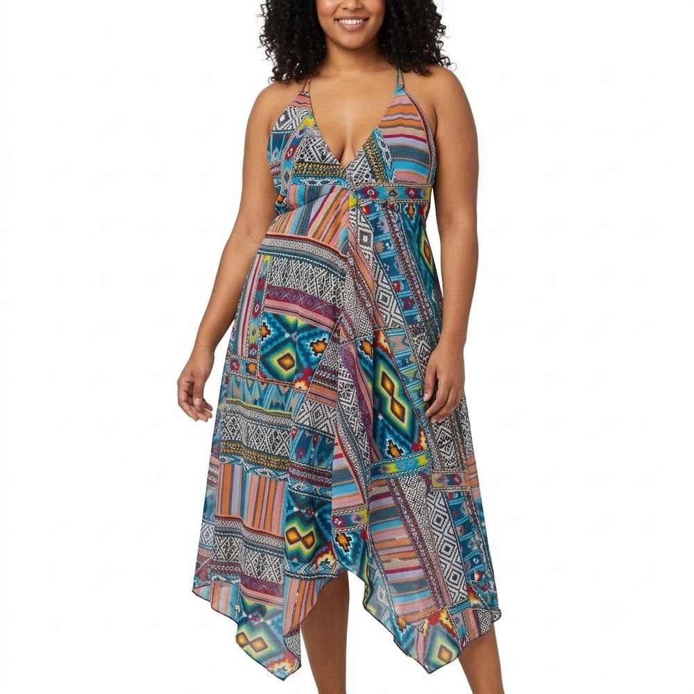 NWT Y2K Halter Neck Handkerchief Hem Midi Dress 3X Eclectic Mix Pattern